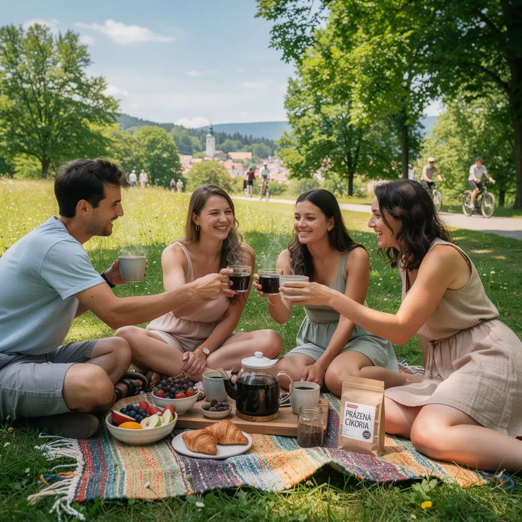 Pohár tmavého čaju z čakanky na drevenom stole.