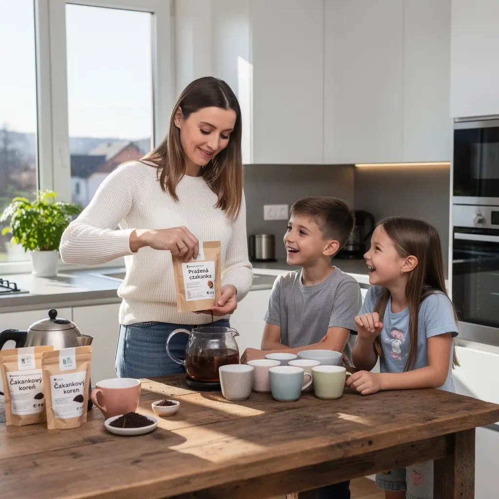 Zelené listy čakanky vedľa šálky teplého nápoja.