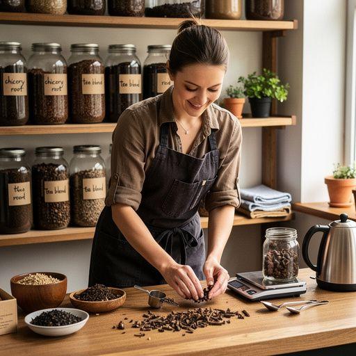 Zrná čakanky rozložené na drevenom stole s pozadím prírody
