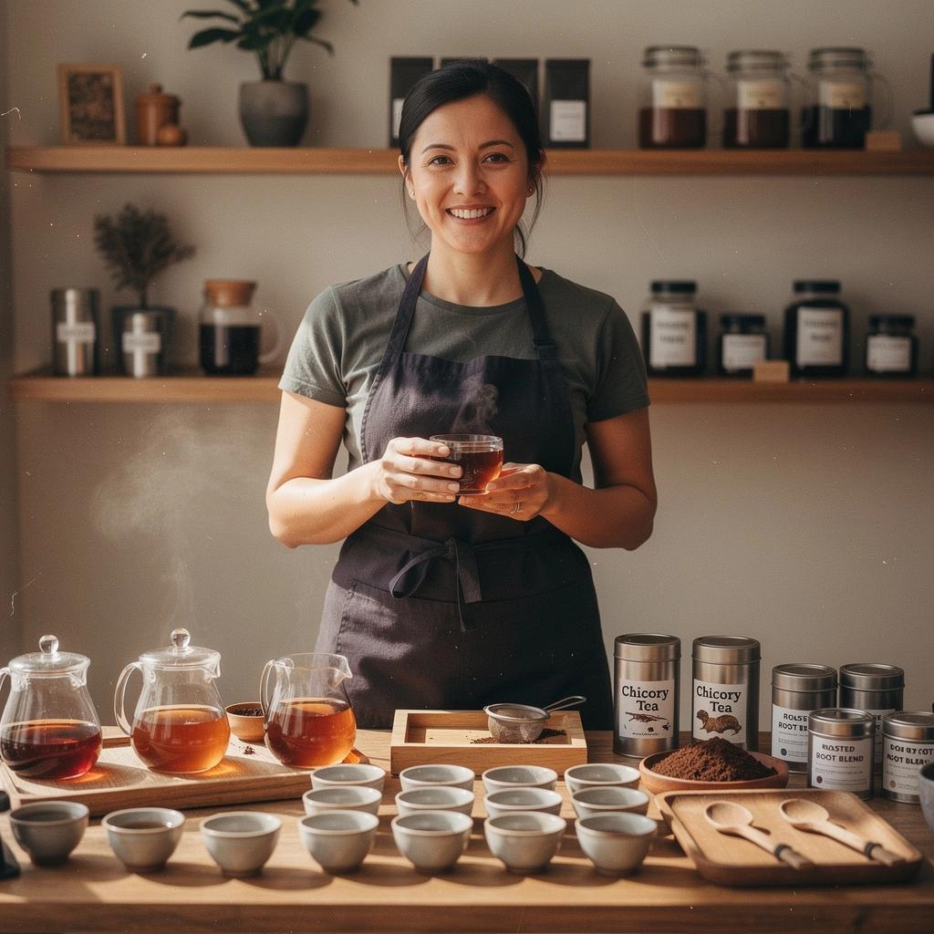 Hnedé pražené čakankové zrná v sklenenej nádobe na drevenom pozadí